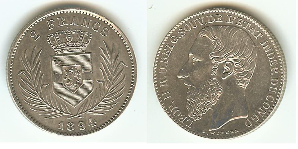 Congo Belge 2 Francs Leopold II 1894 SPL-